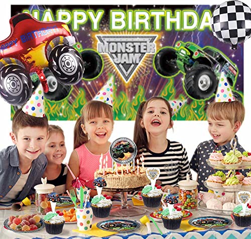 Monster Jam Party Supplies Monster Truck Cake Toppers Balloons Plates Birthday Set Cake Topper Decor Background Racing Car Theme Party #TOP4