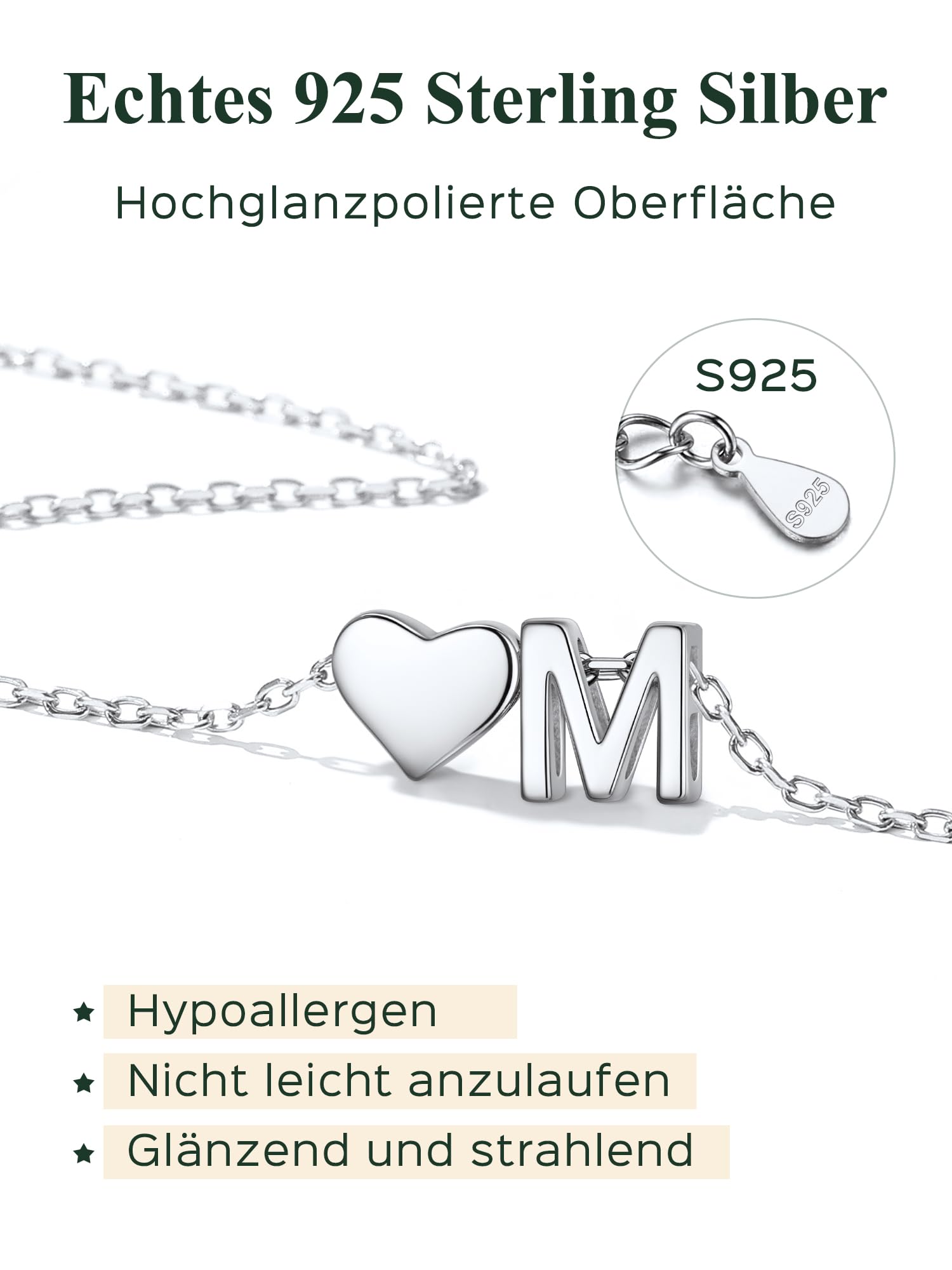 ChicSilver 925 Silber Kette mit Buchstabe Herz, Halskette Silber/Gold Damen | Silberkette mit Initialen A-Z Buchstaben Anhänger, Kleine Herzkette Modeschmuck für Frauen Mädchen