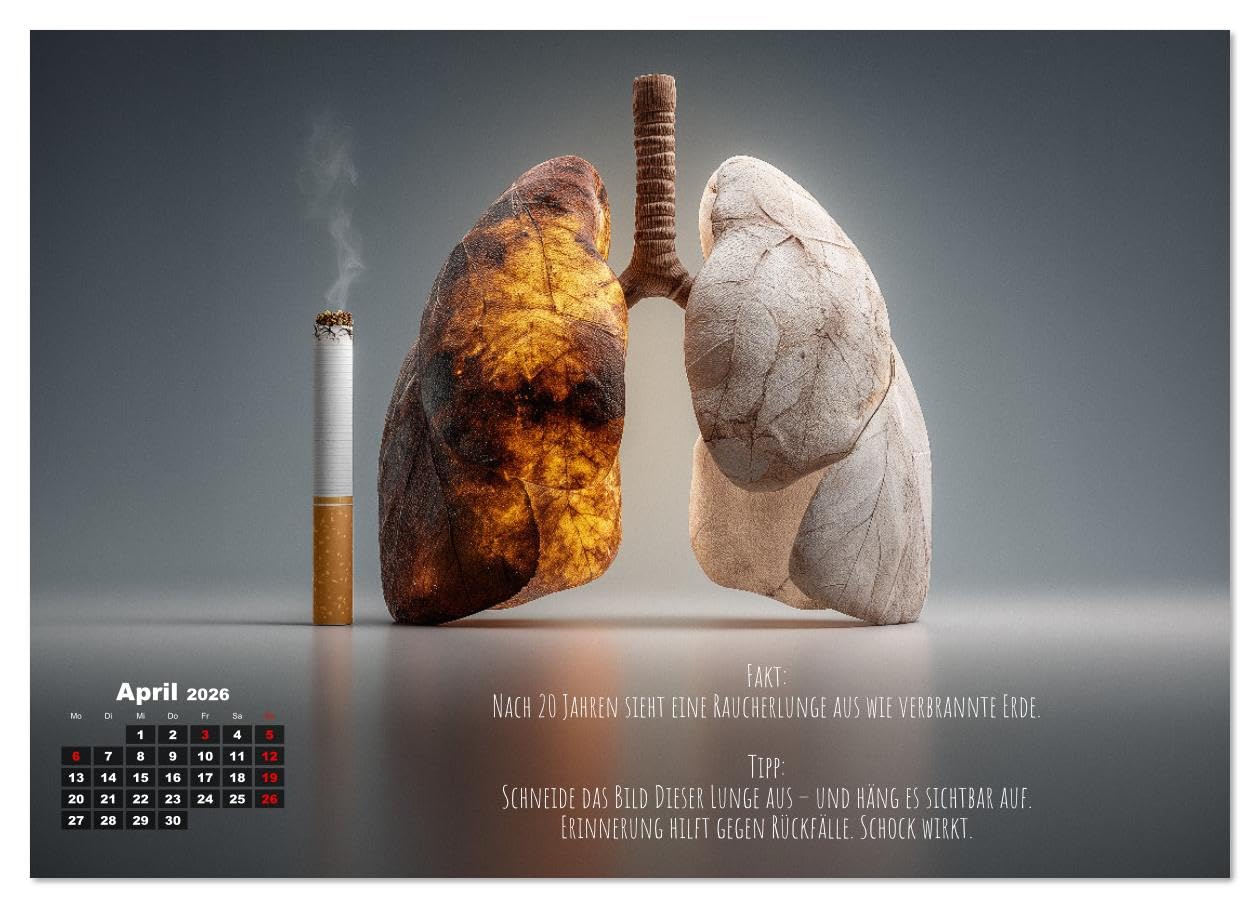 Nichtraucher Kalender - Rauchfrei werden mit Fakten und Tipps für Raucher (hochwertiger Premium Wandkalender 2026 DIN A2 quer), Kunstdruck in ... endlich Rauchfrei. (CALVENDO Gesundheit)