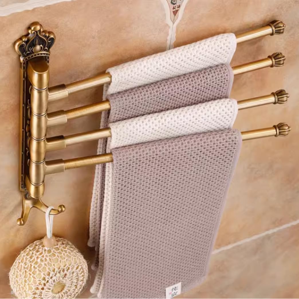 LMYSXAOZ Antique Gold Swivel Towel Rack Bar Rails With Hook for Bathroom, Wall Mounted Brushed Bronze Folding Arm Swing Out Hand Hanger Holder Space Saving Laundry 4Bar