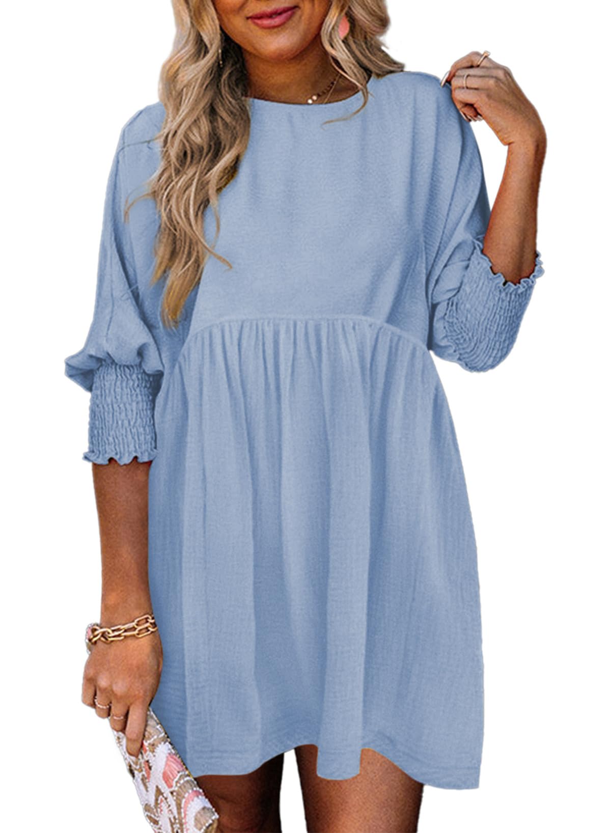 Dokotoo Womens Empire Waist 3/4 Sleeve Casual Babydoll Mini Dress OEKO-TEX STANDARD 100
