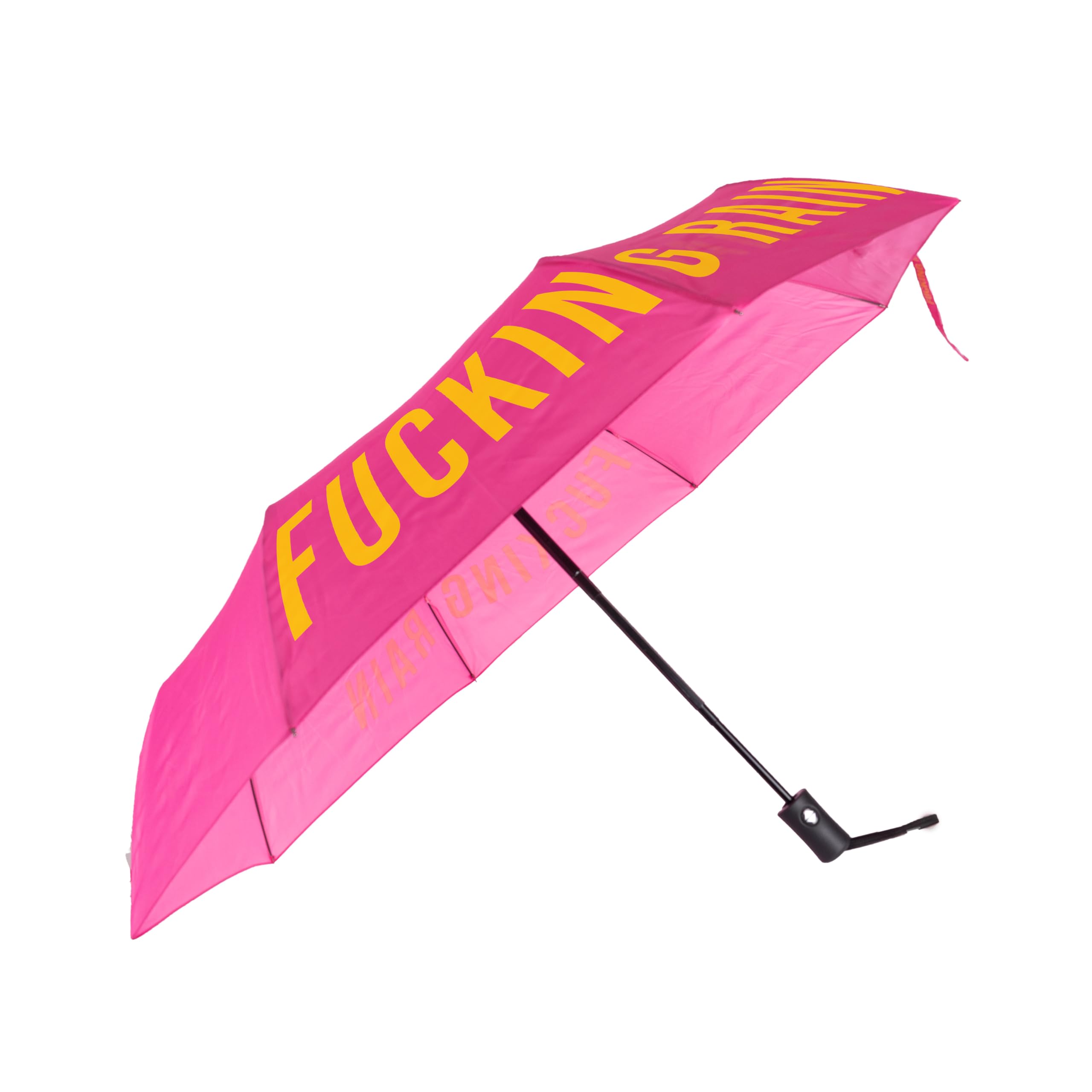 Fisura - Original Foldable Umbrella “f*cking rain”. Pink and Yellow mini umbrella. Small women’s, Automatic, foldable Canopy. Travel Accessory.