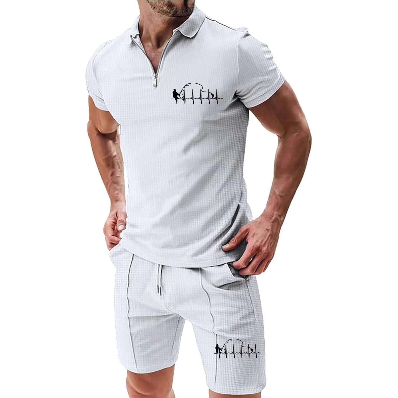 Herren Trainingsanzug 2 Pcs Waffel Polosuit Outfits Halb Zip Polo Shirt und Short Jogginganzug Casual Freizeitanzug Sportanzug Tracksuit Zweiteiler Sommer Outfit Set S-5XL Gym Urlaub Strand