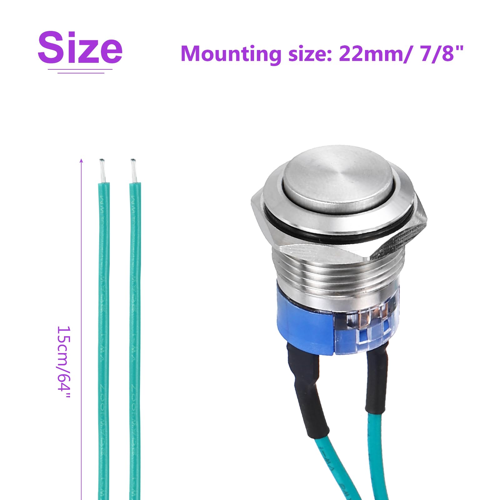 DMiotech 2 Pack 7/8 Inch Stainless Steel Latching Push Button Switch Domed Head 5A 0-250V Silver Shell 2 Pin with Cable Socket 1NO for Car Boat Systems Custom Setups - Image 4