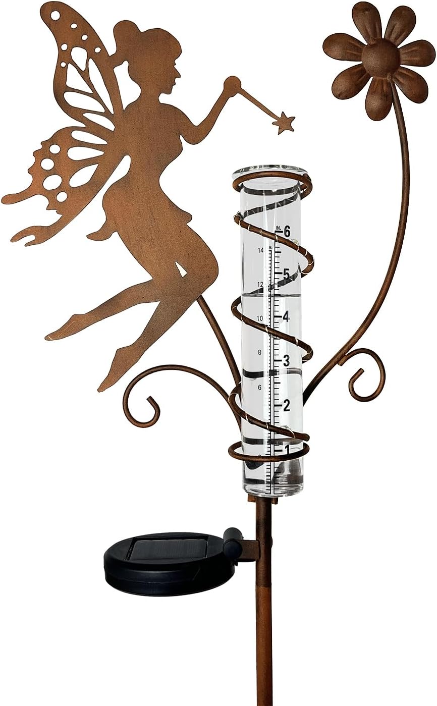 HONGLAND Rain Gauge Outdoor with Solar Lights - Metal Fairy Stakes & Replaceable Glass Tube - Garden Rain Gauge Decorations for Patio, Balcony, Yard, Lawn - Unique Holiday Gift Ideas