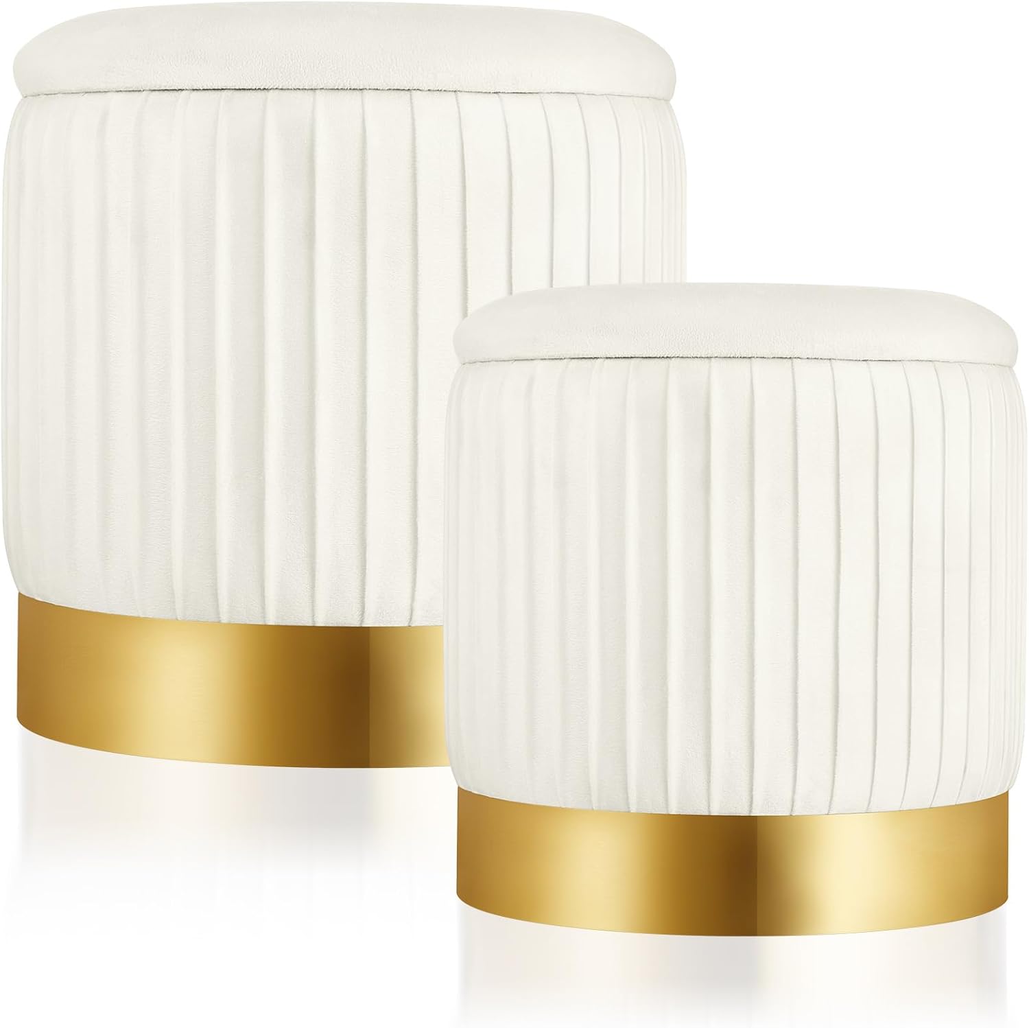 (Incomplete)Barydat 2 Pcs Round Ottoman with Storage White Velvet Storage Ottoman Stool with Removable Lid Gold Base for Dorm Living Room Bedroom