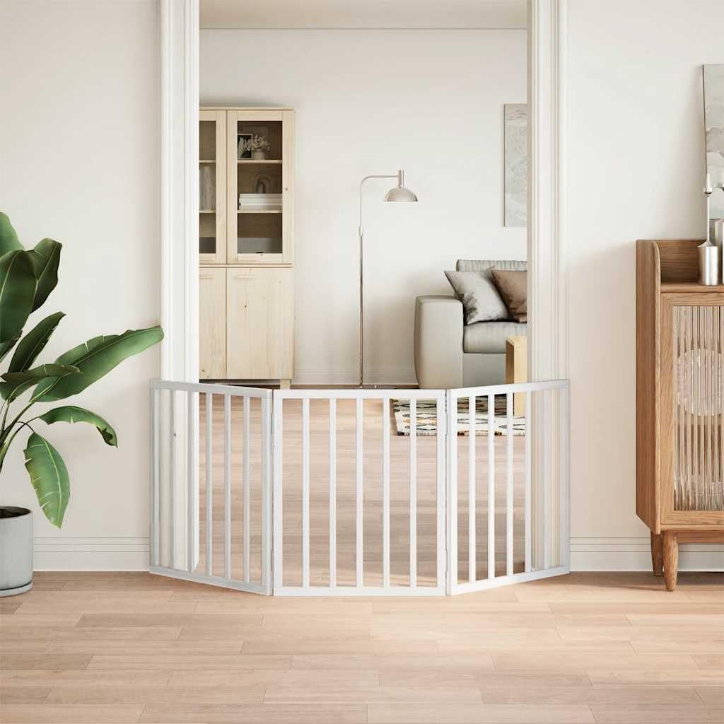 3-TLG. faltbares Hundetor aus Pappelholz, weiß 150 cm, Haustiergitter ohne Bohren montierbar, platzsparend zusammenfaltbar für Wohnzimmer, Küche und Treppe