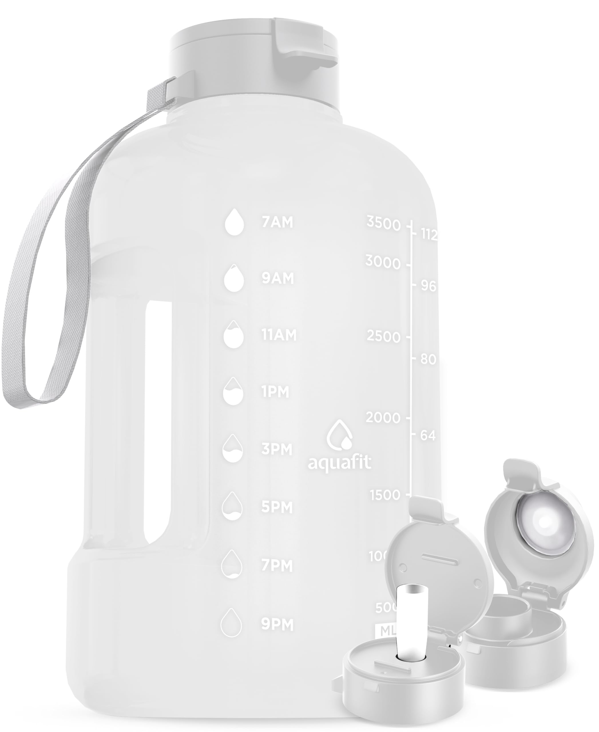 AQUAFIT 1 Gallon Water Bottle with Time Marker - Straw & Chug Lid - BPA Free Gym Water Bottle with Straw - Big Gallon Jug (Frosty, 128 oz - 2 Lids)