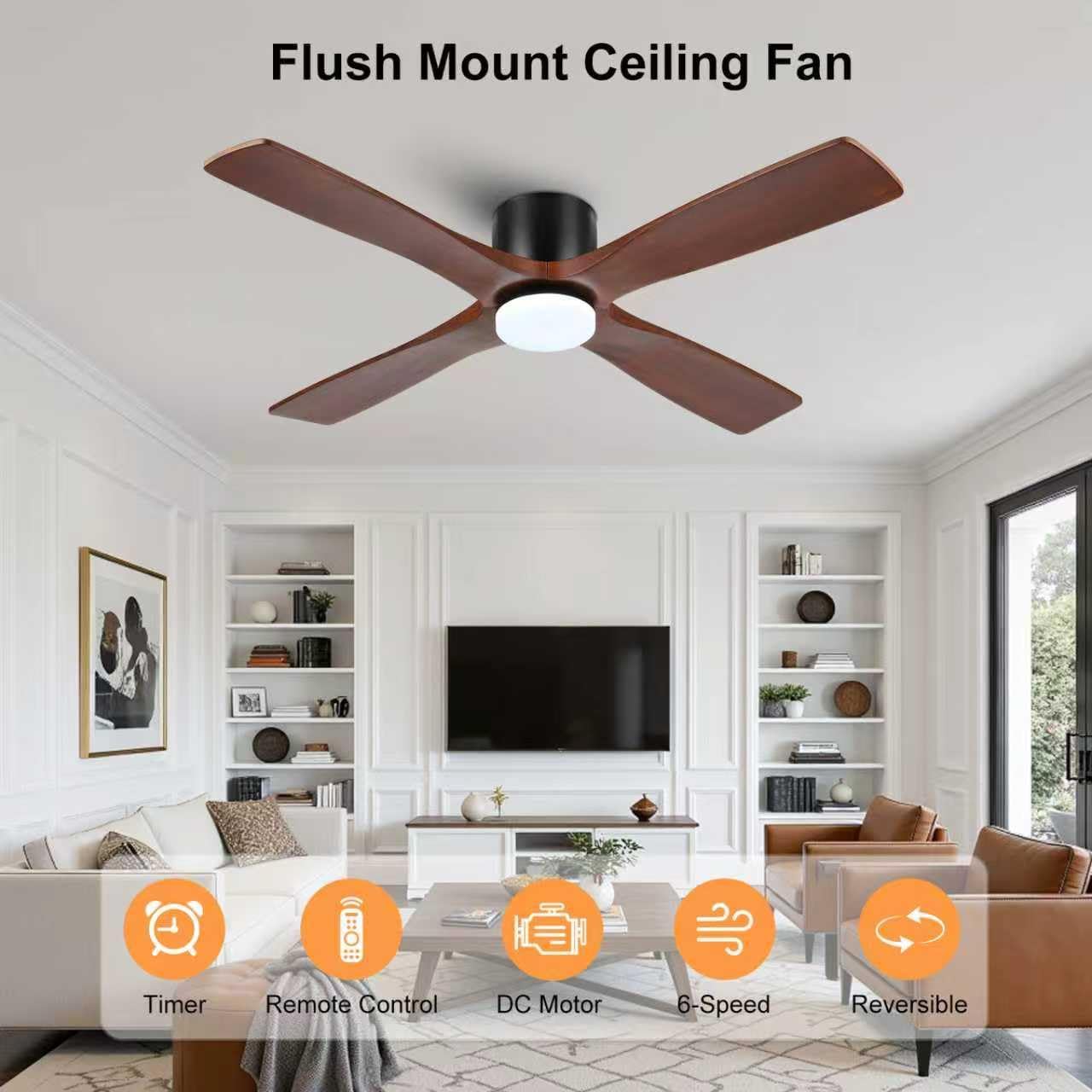 54" Ceiling Fans with Lights -Modern Low Profile Flush Mount Ceiling Fan, 6-Speed Remote, 3CCT,4 Solid Wood Blades, Quiet DC Motor, for Bedroom, Living Room, Matte Black Finish with Walnut Blades
