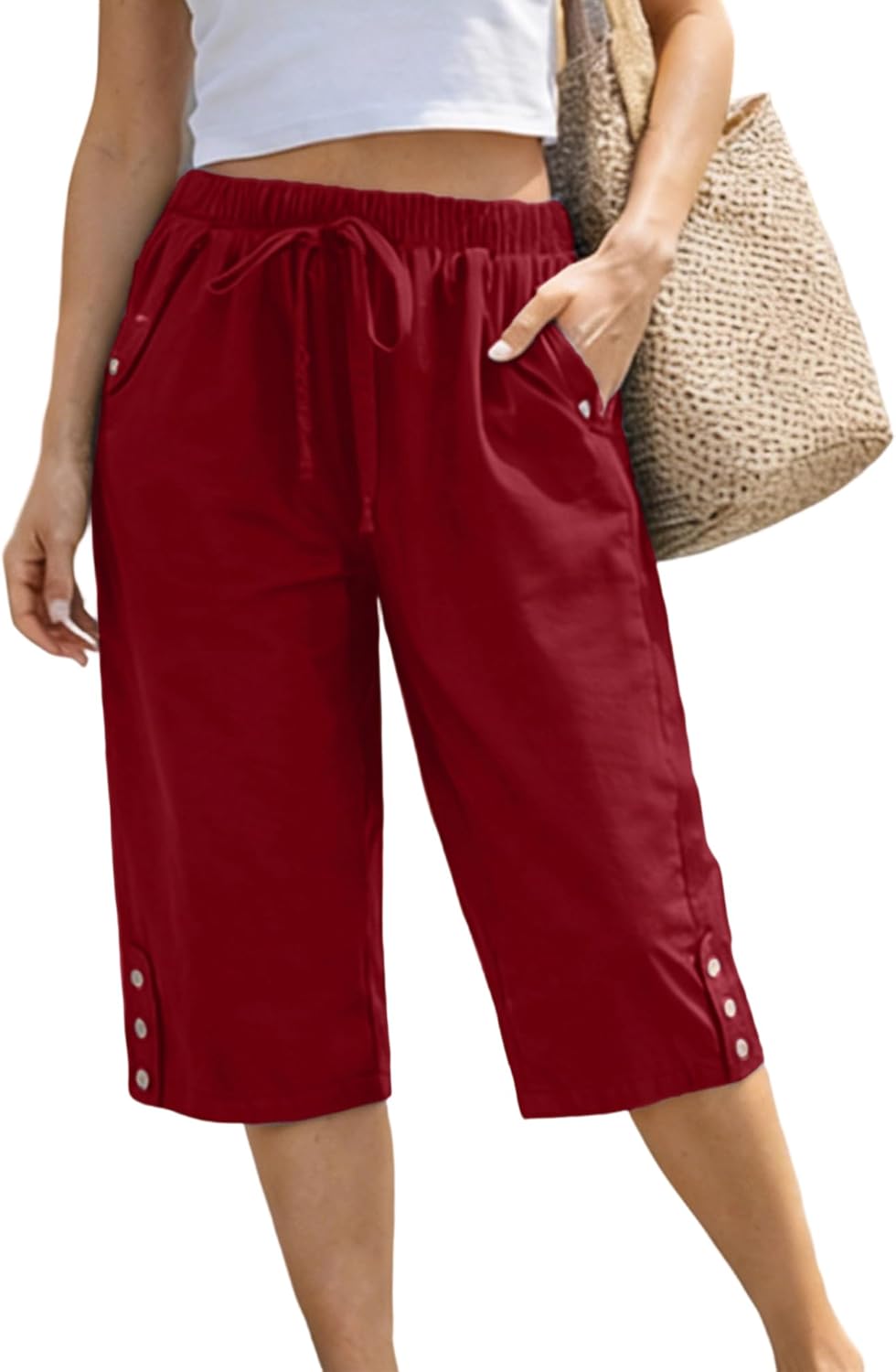 WROLEM Women Pocket Pants Lightweight Wide Leg Drawstring Elastic Waist Lounge Cropped Pants