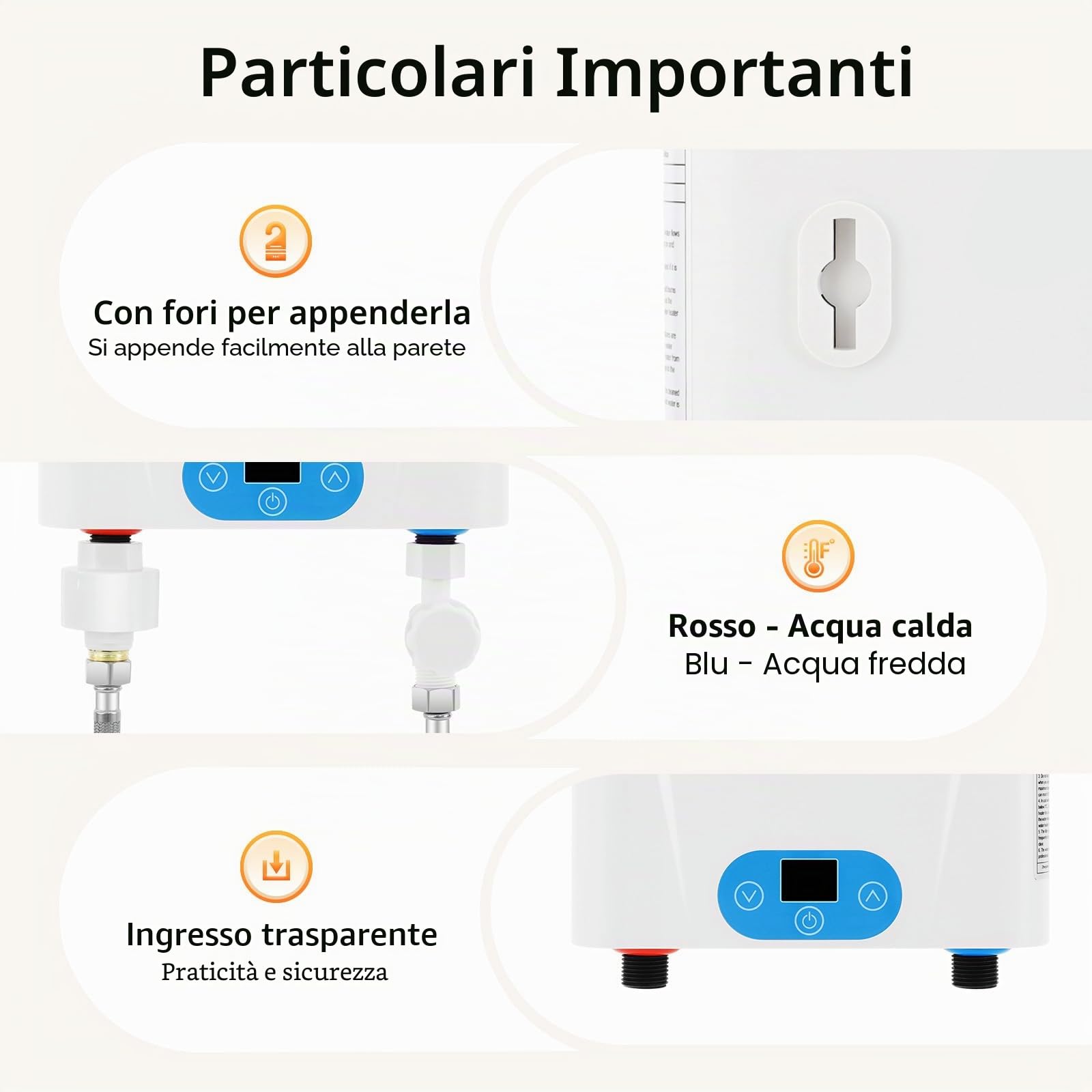 Scaldacqua istantanea da cucina [5,5 KW/220 V] compatto scaldabagno sotto tavolo – con display touch, termostato da 30 – 55 °C e IPX4 (bianco, montaggio a parete) per lavelli, bagno/bar