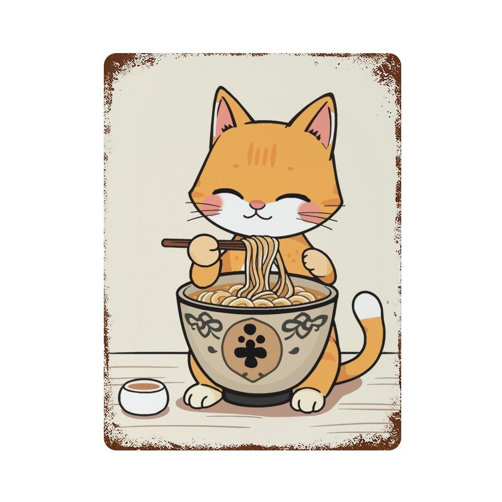 Rust Effect Cute Cat Eating Ramen Vintage Rust Metal Sign 15.7"x11.8", Classic Wall Plaque for Shed, Workshop And Garage Wall Decor