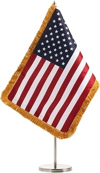 AZCOVER American Desk Flag Set with Fringe 7.8x11.8 Inch, Small USA Flags with Fringe Desktop Flag for Office, Double Sided Table Banner with Adjustable Metal Stand Base