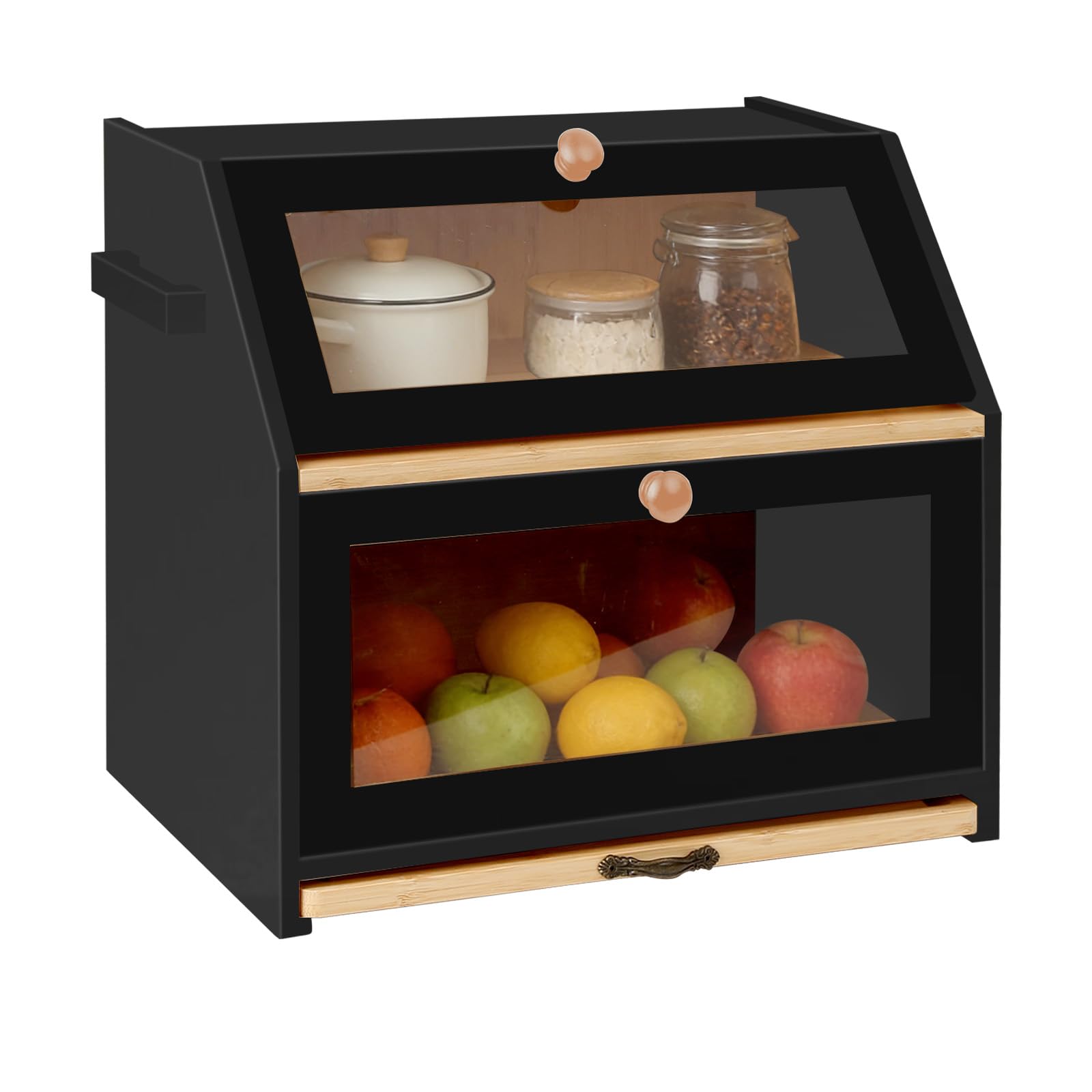 OHMG Boîte à Pain Bambou 2- Couche Countertop Boîte à Pain en Bois de Bambou pour Cuisine, Huche à pain,Nature,pour le stockage du pain,26 * 39 * 32.5cm