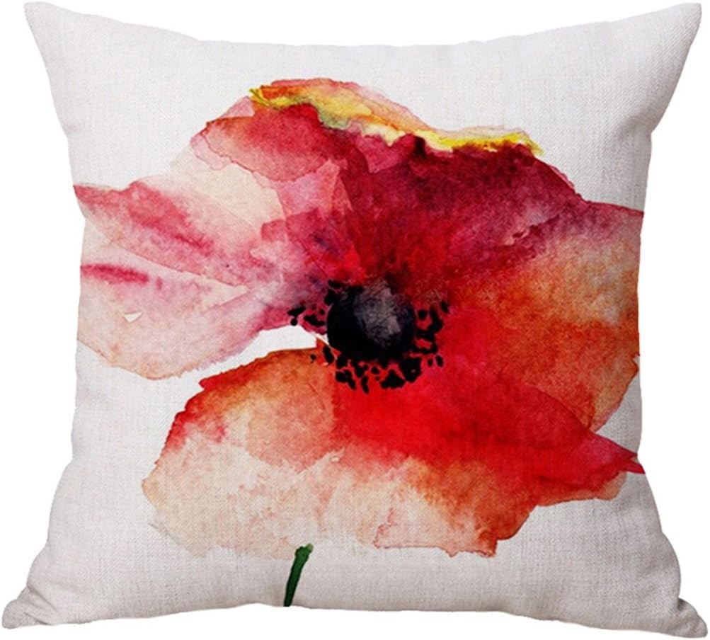 Nankoo Colorful Hand Draw Flower Watercolor Art Design Unique Cotton Linen Home Decorative Cushion Cover Throw Pillow Case 18x18 inch (Red)