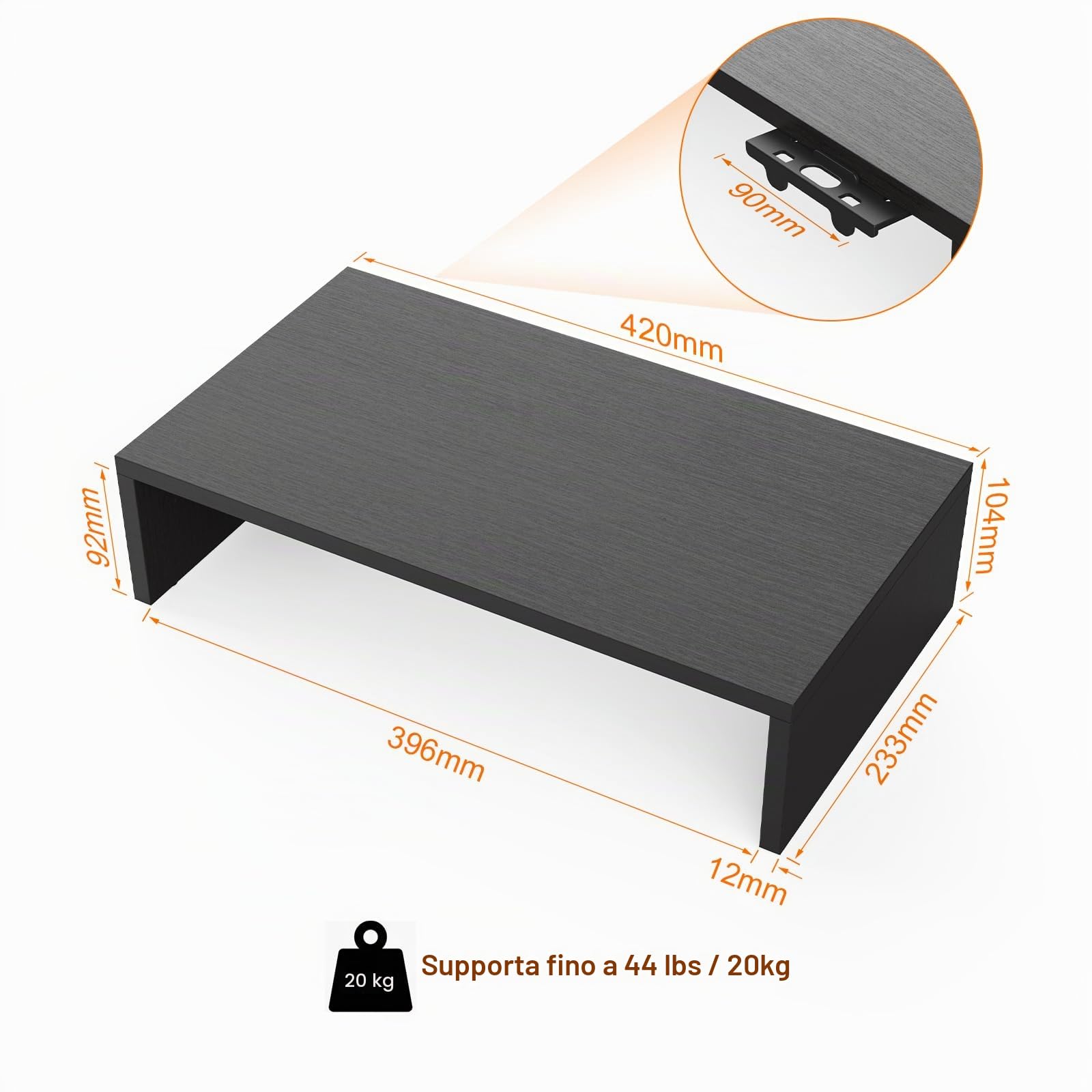 GRIFEMA GB1052-1 Rialzo per Monitor in Legno, Supporto per Monitor da Tavolo per Monitor, Laptop, Stampanti, Portata Fino a 20 kg, L420 x L233 mm x H104, Nero