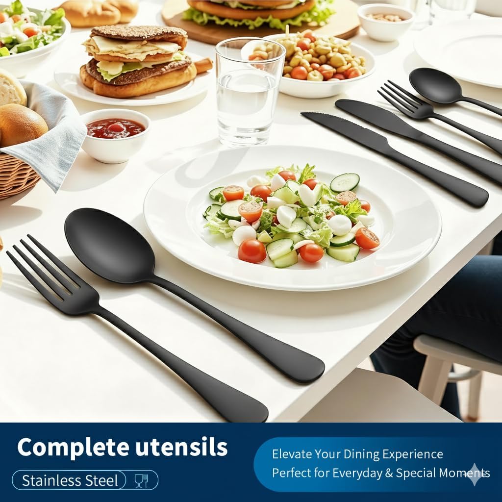 GPY Black Silverware Set, 24-Piece Stainless Steel Flatware Set Service for 4, Titanium Plated Black Eating Utensils, Modern Mirror Finish Cutlery for Kitchen & Home