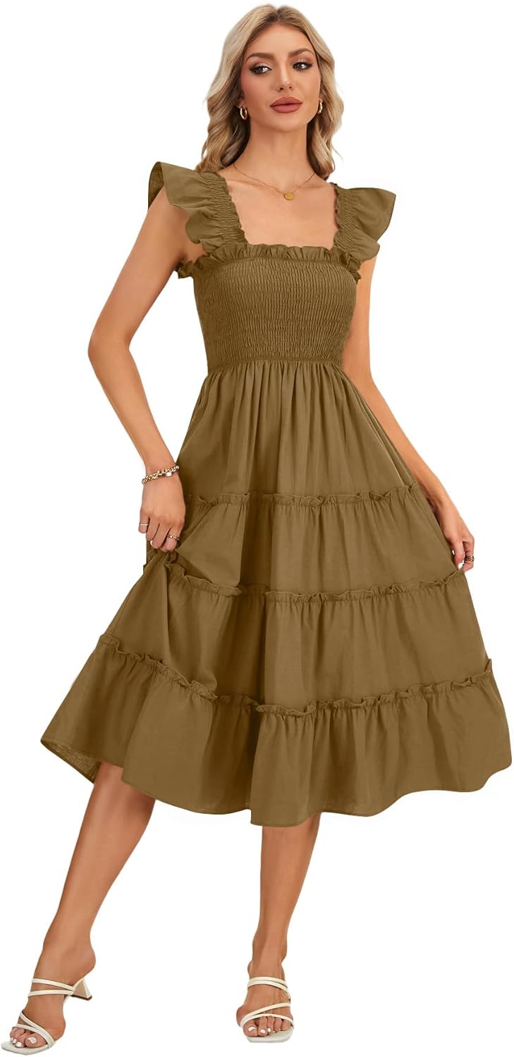 Rooscier Women's Square Neck Smocked Ruffle Sleeveless Tiered A Line Sundress Midi Dress - Image 6
