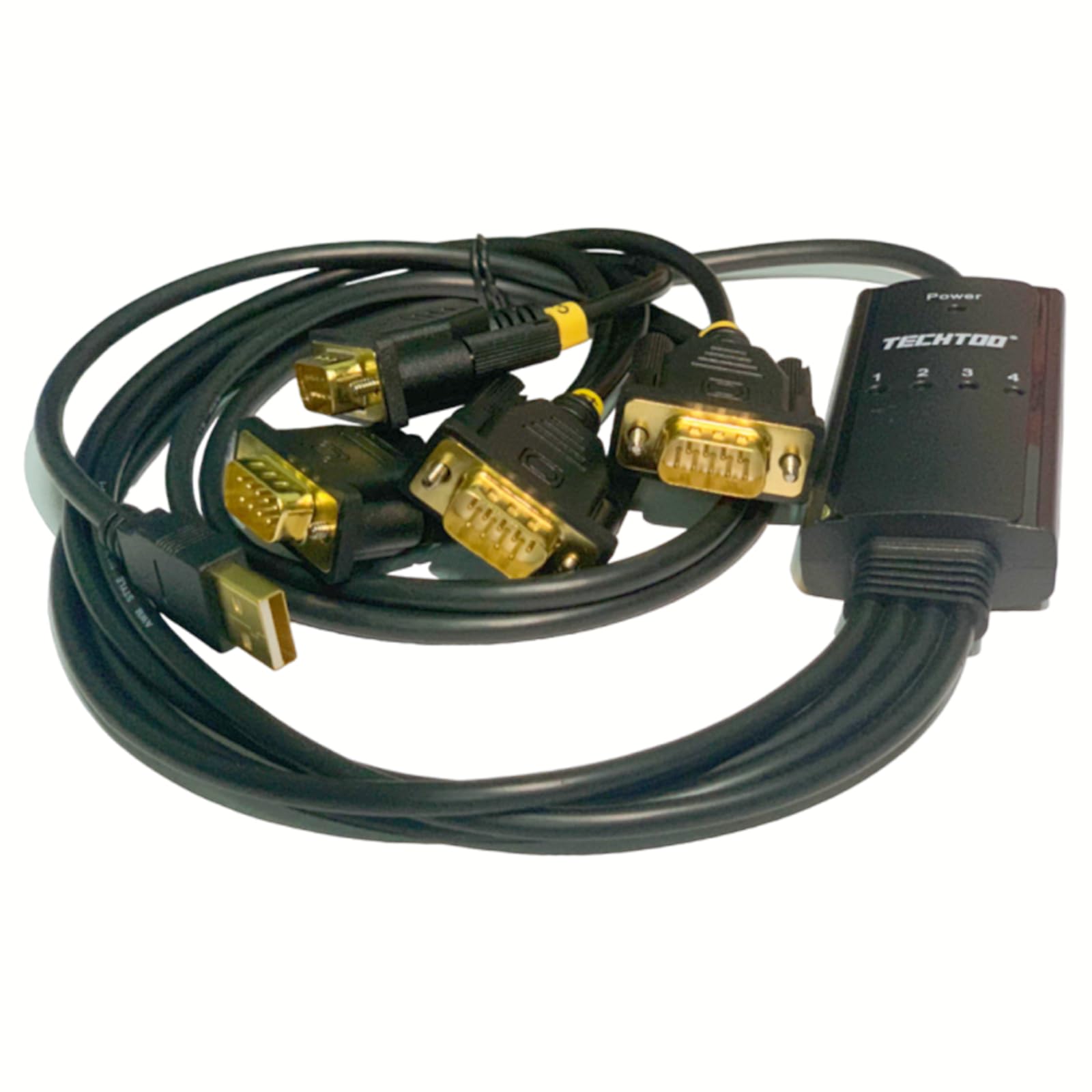 TECHTOO Adaptador USB a Serial RS232 DB9 de 4 puertos USB a Seria, cable serie de 9 pines con tornillos de mariposa (chip prolífico con tornillos de pulgar, 4 puertos)