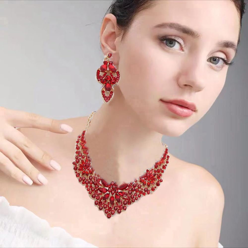 Women Jewelry Set Rhinestone Crystal Statement Necklace Bride Rib Choker Necklace Floral Beaded Collar Neklcace Cluster Dangle Earrings Set for Wedding Party - Image 2