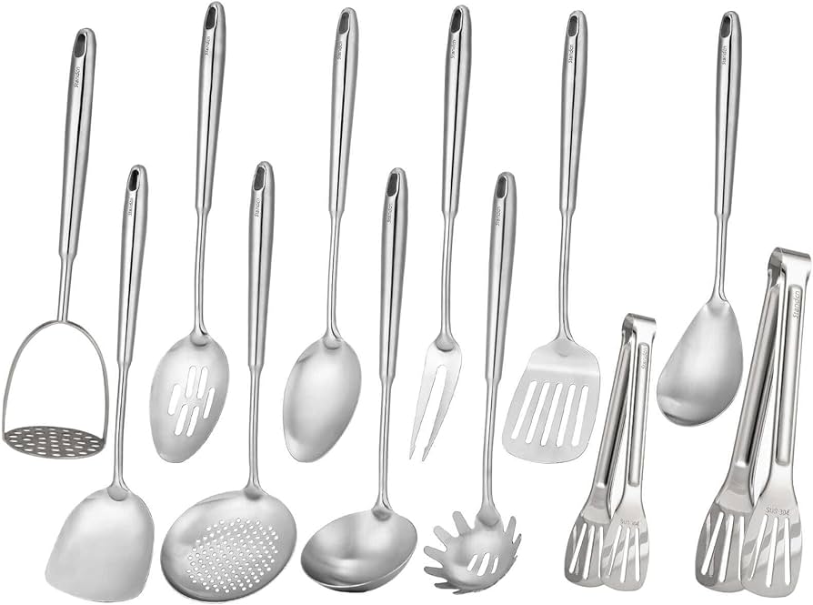 304 Stainless Steel Kitchen Utensils Set - 12 PCS Long All Metal Cooking Utensils & Large Serving Utensils - Potato Masher, Fork, Tongs, Tunner, Pasta, Serving Spoon, Skimmer, Ladle, Spatula Spoon Set