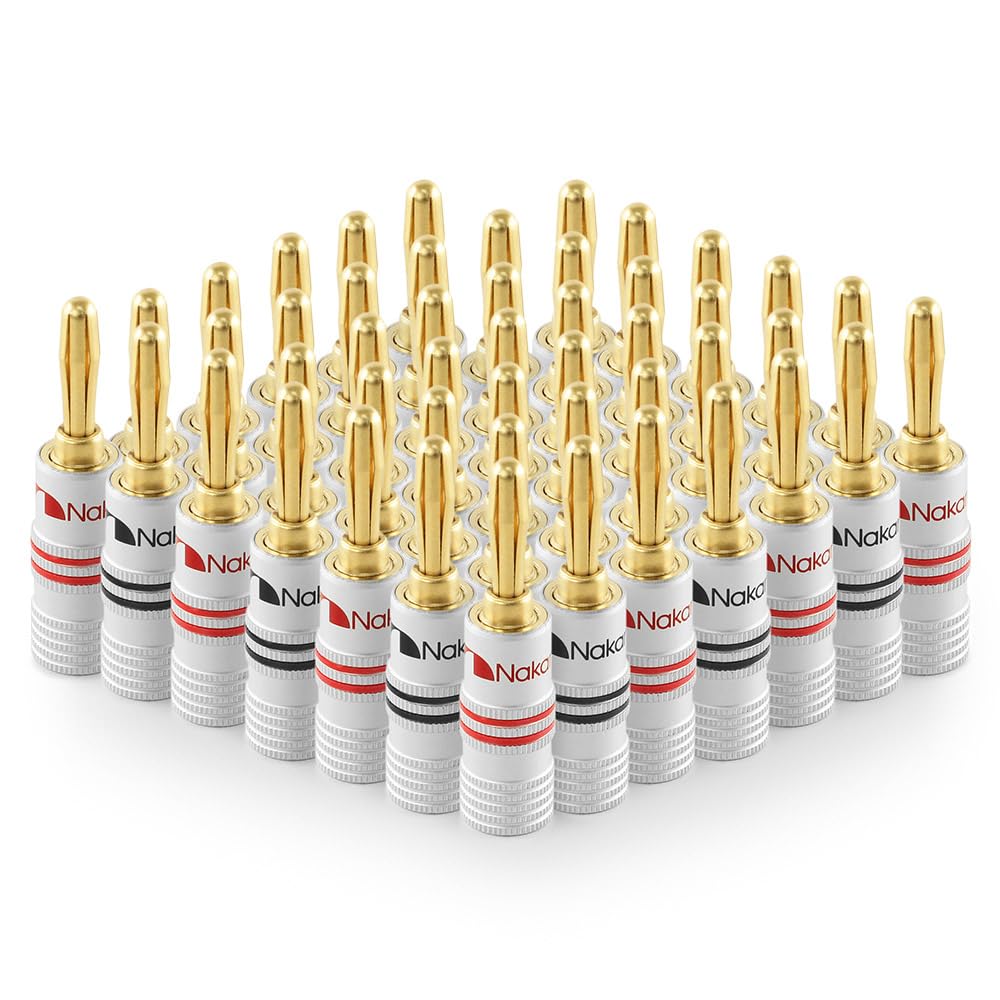 Nakamichi Pozłacany wtyk bananowy 24K 12-18 AWG Rozmiar miernika 4mm do podłączania kabli do kolumn hifi, wzmacniaczy, amplitunerów AV, systemów audio (48 sztuki, wtyczka bananowa) | Rozmiar 4 mm do głośników, wzmacniacza, odbiornika Hi-Fi, stereo, kabla