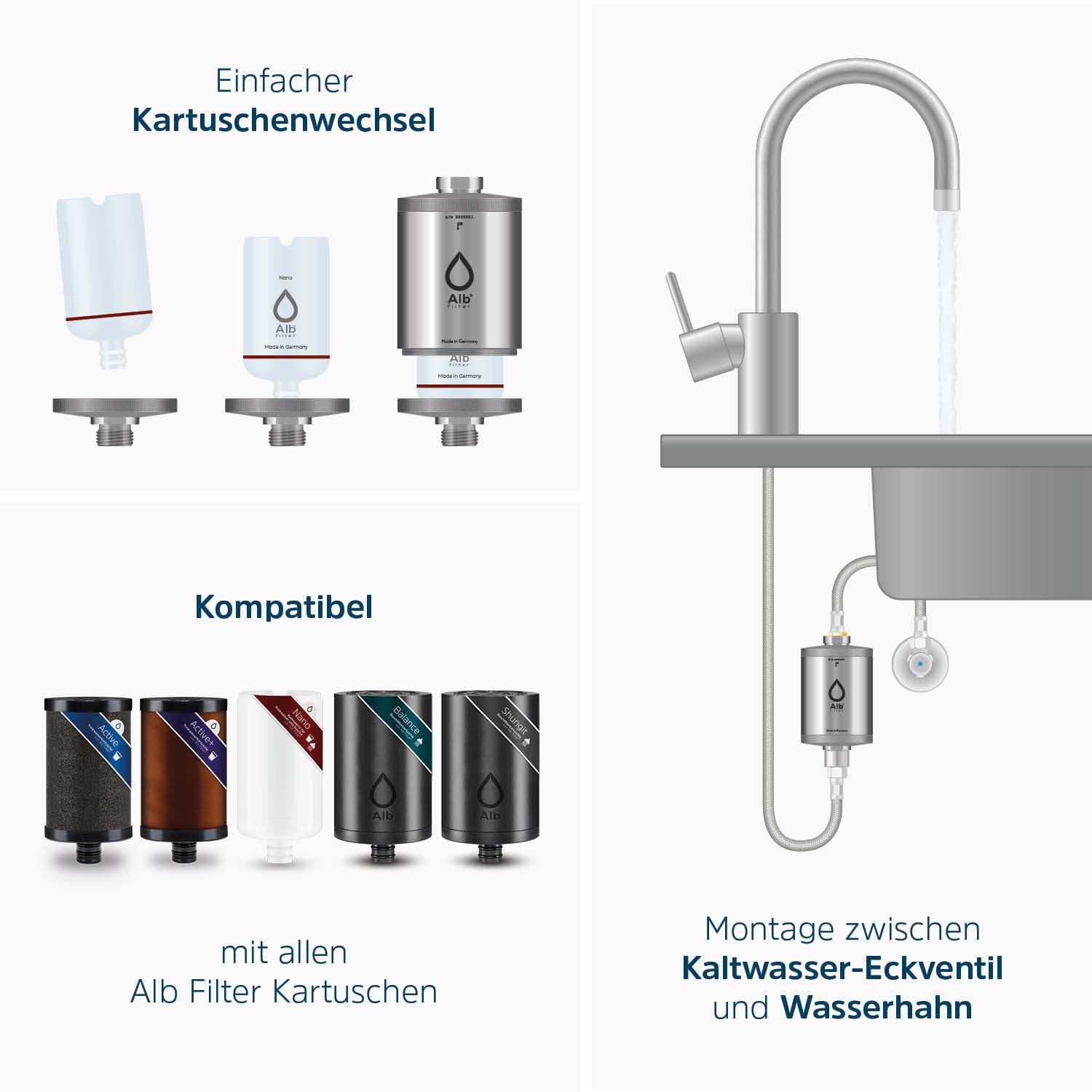 Alb Filter DUO NANO Wasserfilter Wasserhahn Edelstahl Natur | Zertifizierte Keimsperre bis 0,1 µm gegen Legionellen & Bakterien, Trinkwasserfilter Küche, Made in Germany