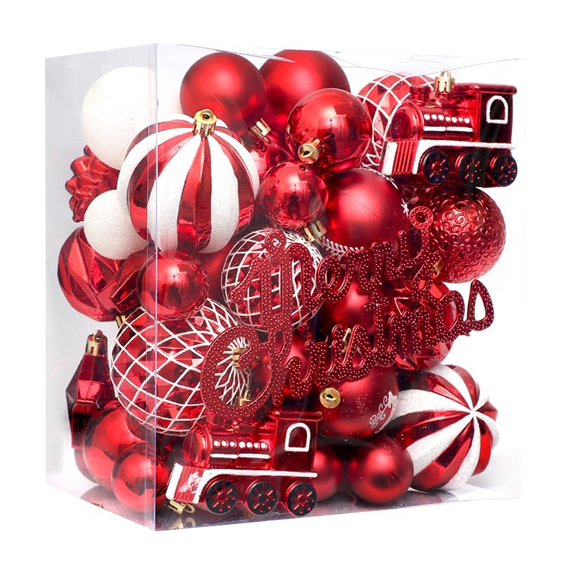 Christmas Balls 65pcs, Christmas Tree Decoration Set, Christmas Ornaments Set for Xmas Tree Holiday Party Garland Decor - Red