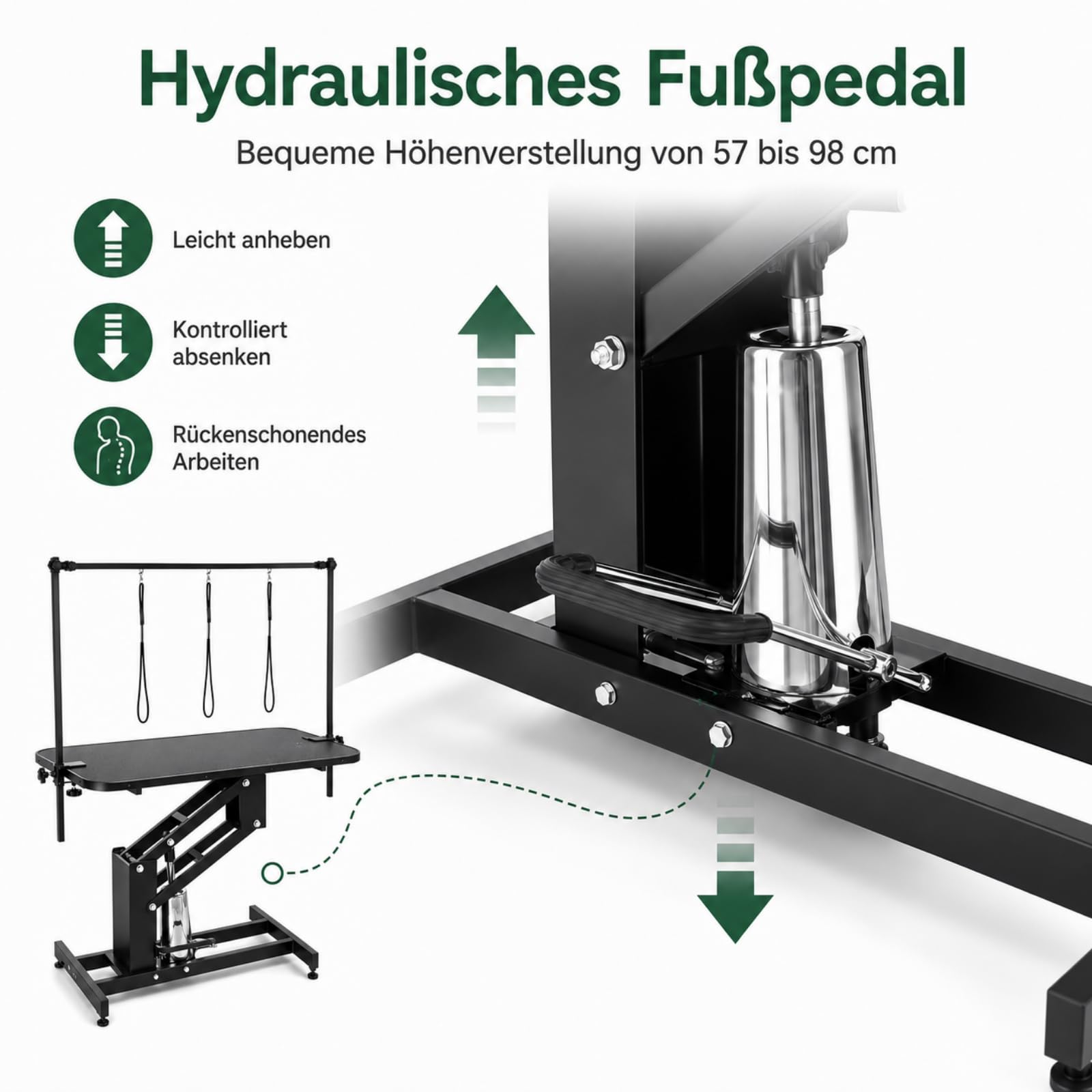 Hundepflegetisch hydraulisch, höhenverstellbarer Trimmtisch Hund 57–98 cm, 110 × 60,8 cm Pflegetisch für große Hunde, rutschfeste PVC-Oberfläche, 3 Nylon-Halteschlaufen, Schwarz