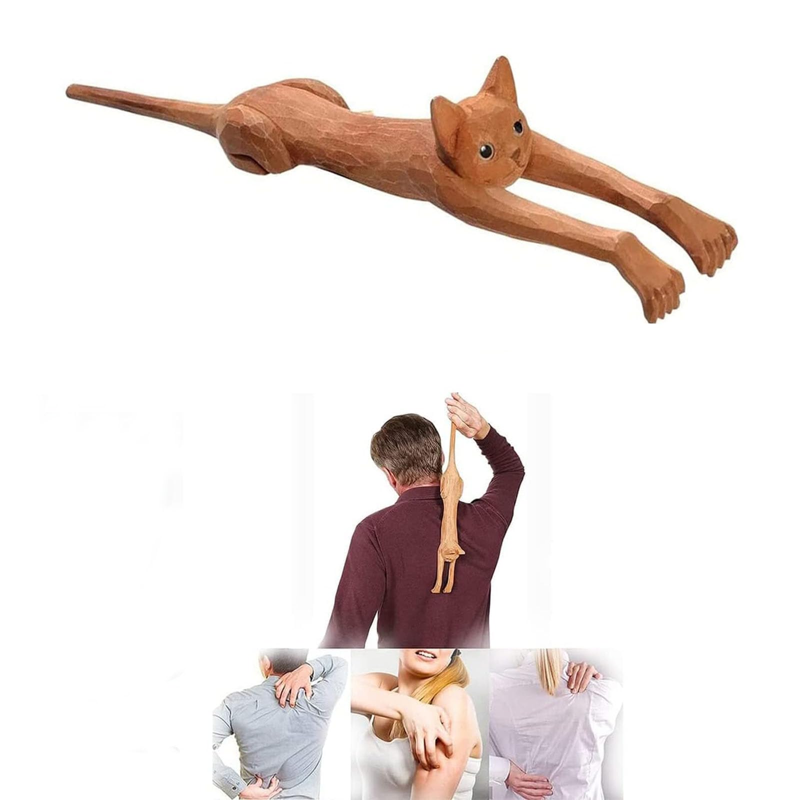 Generic Cat Shaped Handheld Basswood Back Scratcher - Men Women Wooden Body Itching Stick for Massage, Brown Yellow