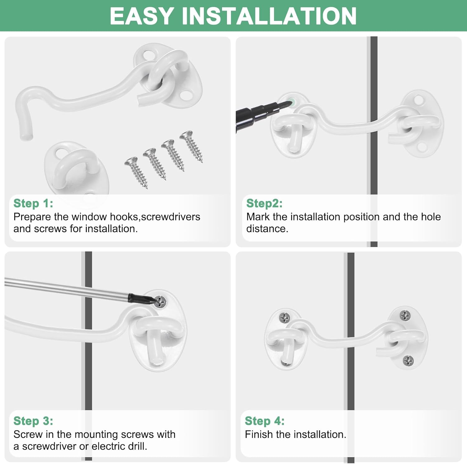 M METERXITY 4-Pack Hook and Eye Latch for Door 6 Inch Stainless Steel Gate Latch Barn Door Lock Hook and Eye Gate Latch for Gate/Shutters/Window/Cabinet/Bathroom [White]