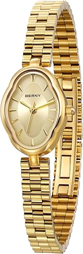 BERNY Relojes dorados para mujer, delicado reloj de cuarzo para mujer, estilo vintage, cobre, con forma de espejo, movimiento de cuarzo japonés,