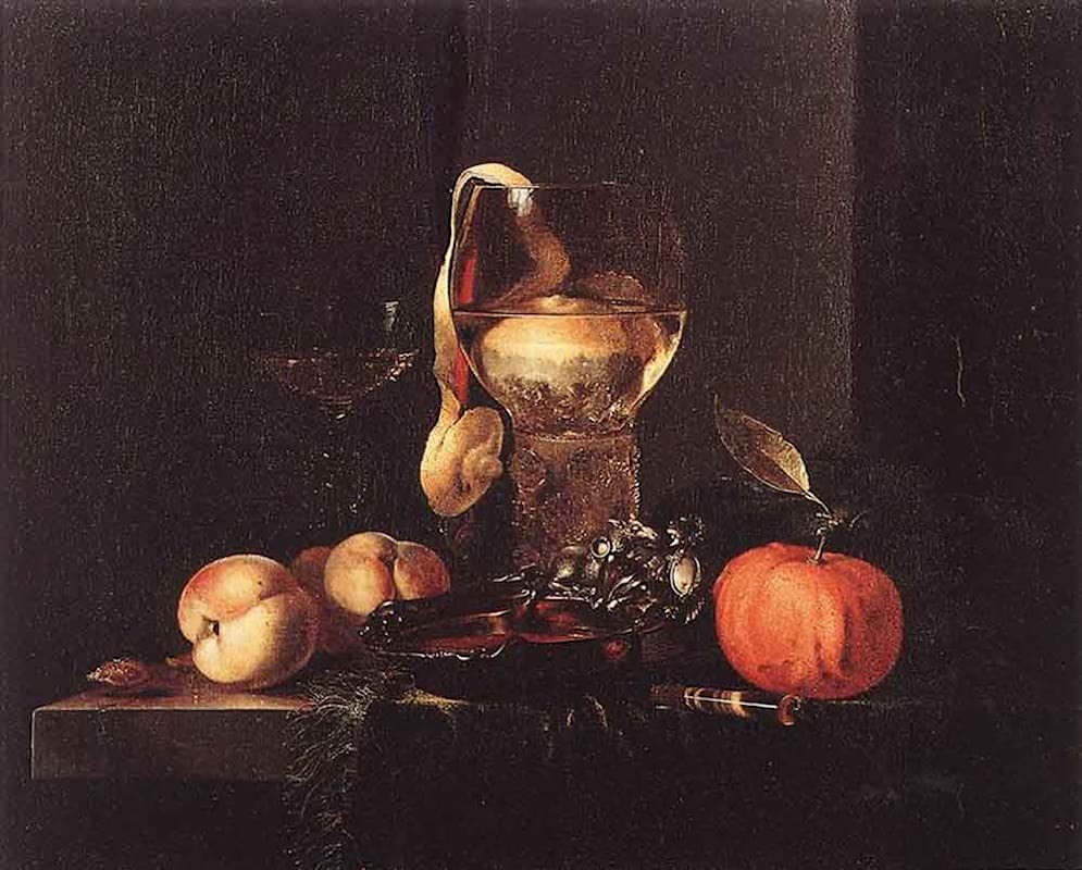 Toile Willem Kalf verres en argent et fruits au rendu artistique d'exception