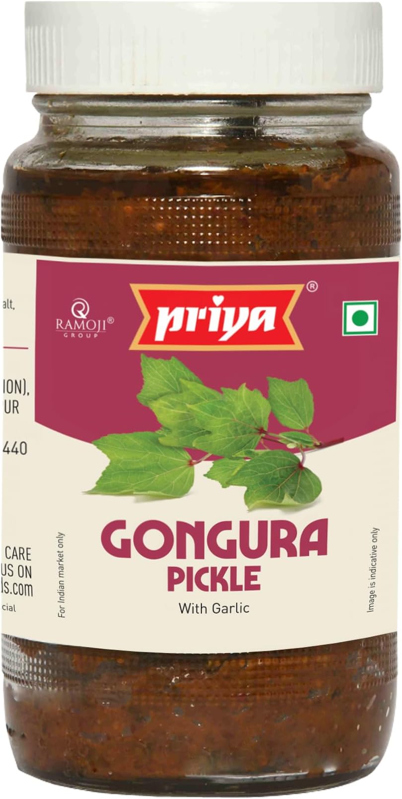 Priya Gongura Pickle with Garlic, 500g - Authentic Telugu Style Achar |Traditional South Indian Taste| Homemade Andhra Pickles| Tangy and Spicy|With Tamarind Paste, Gongura Leaves and Mixed Spices| Glass Jar