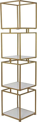 Deco 79 Estantería de cubo de mármol con 4 estantes de mármol, 14 x 14 x 62 pulgadas, color dorado
