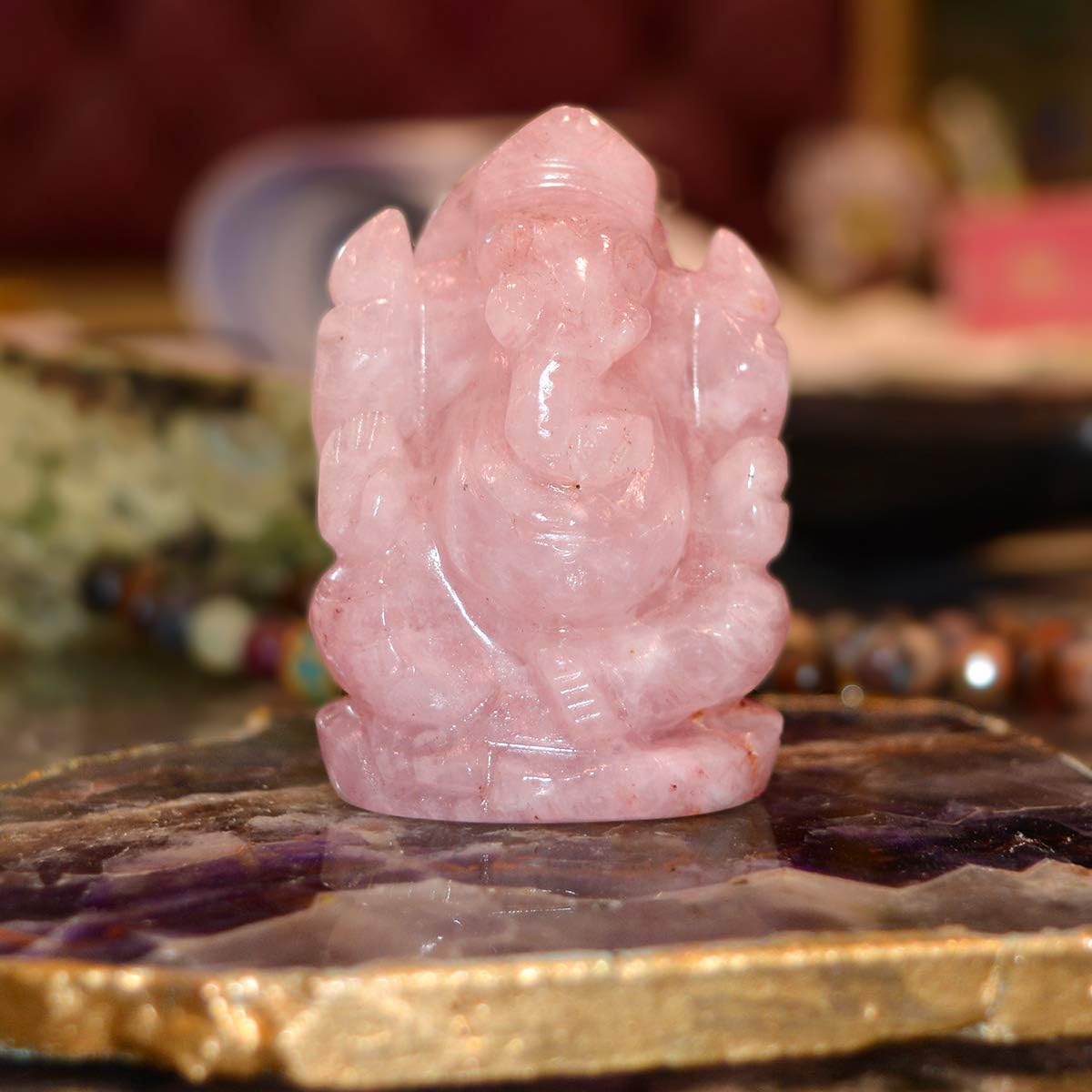 Reiki Crystal Products Natural Rose Quartz Ganesha Idol Crystal Stone Ganesha Idol for Car Dashboard 5 cm (2 inch) (Color : Pink)