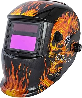 JEGS Welding Helmet | Adjustable | 3.62 Inches x 1.65 Inches Viewing Area | 9-13 Outside Shade Knob | Solar & Lithium Battery Power | Adjustable Sensitivity | Fully Automatic | Flaming Skull Design