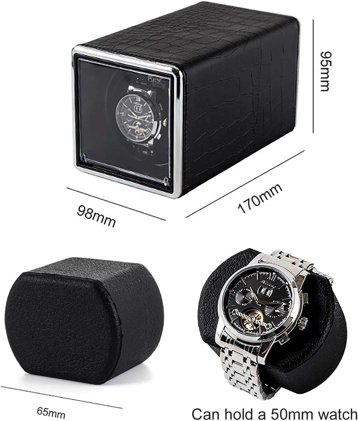 Winding Box Watch Winders - Multicolor Mechanical Watch Automatic Winding Box Quiet Open Lid Self-Stop Single Watch Shaker Watch Storage Display Case Home Watch Winder (Silver Metal)