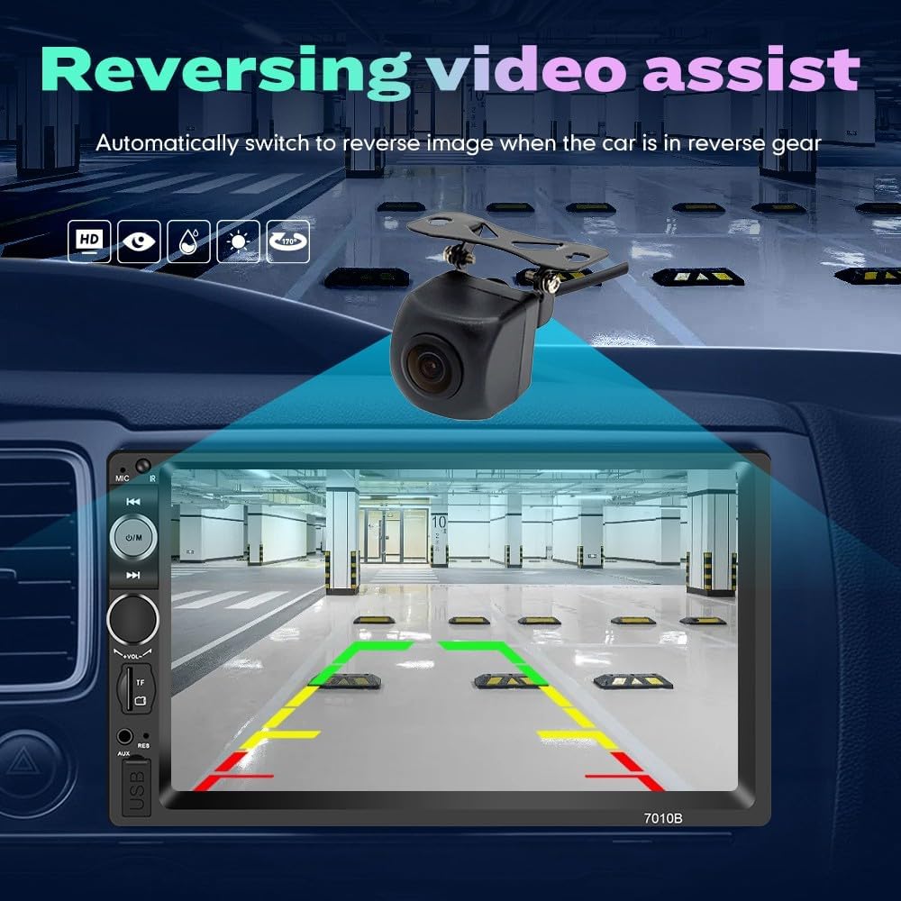 Image depicting the car stereo displaying the rear view camera feed with parking guidelines, showing a car backing up in a parking lot.