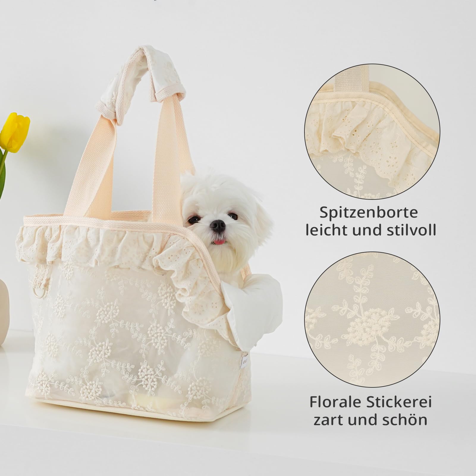 ONECUTE Sac de transport pour chien en dentelle pour chien et chat et lapin Beige (33 x 17 x 27 cm)