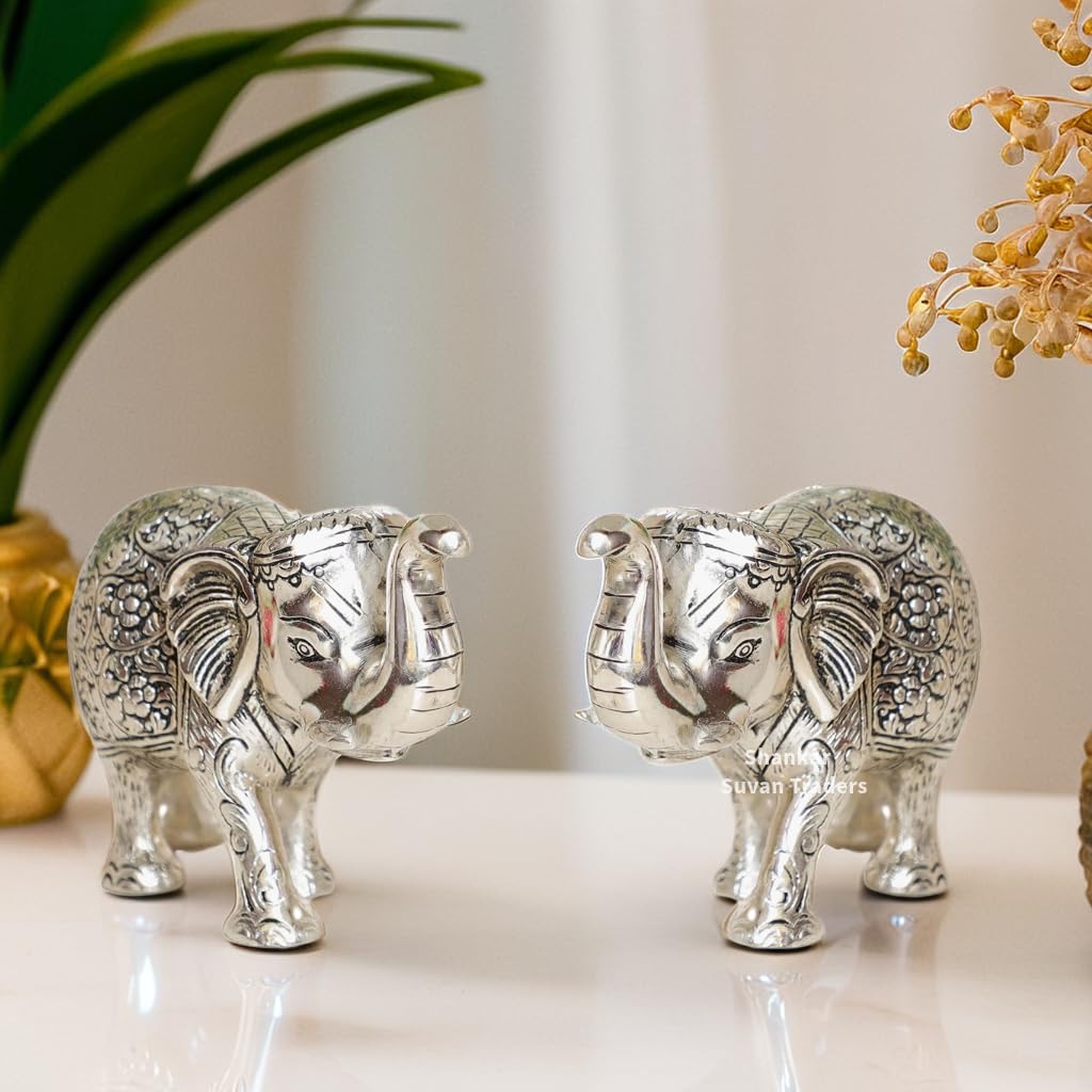 Shankar Suvan Traders Metal Elephant Statue Polish Set of 2 for Office Table Top Decor, Good Luck, Gift & Home Decorative Elephant Showpiece for Vastu & Home Decorative Item (Metal, Silver)