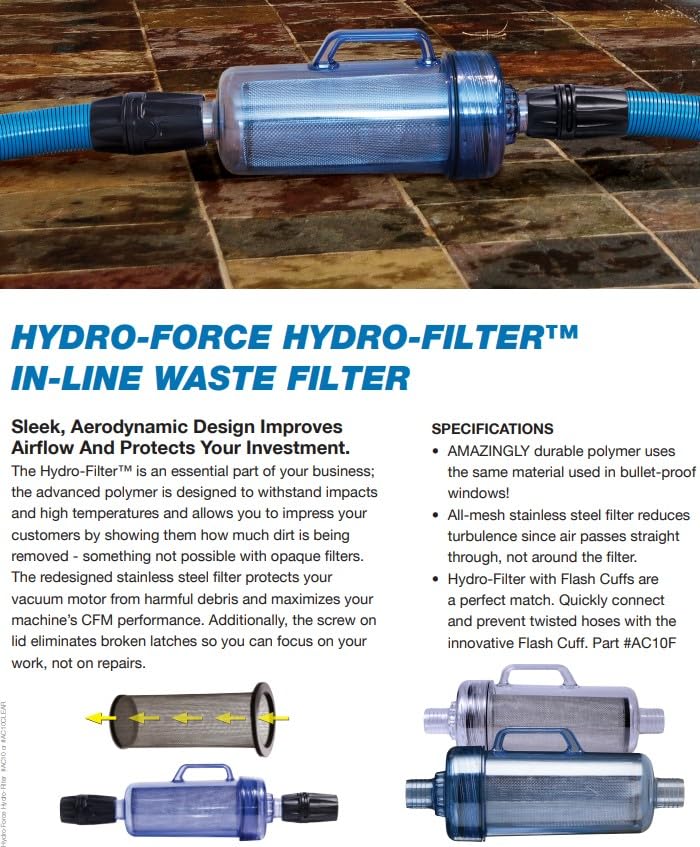 Hydro-Force Hydro-Filter In-Line Waste Filter, w/stainless steel filter  included to protect your truckmounts or portable's vacuum motor from  harmful debris & maximizes your machine's CFM performance