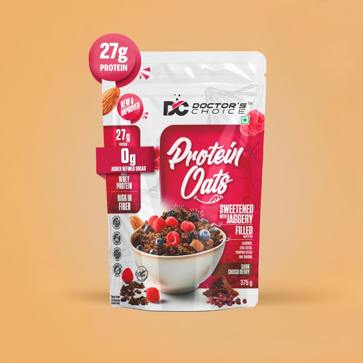 DC DOCTORS CHOICE Oats, High Protein Oats, 27G Pure Protein Breakfast Cereals, Rich In Fiber, No Additives & No Refine Sugar. (375G, Dark Choco Berry)