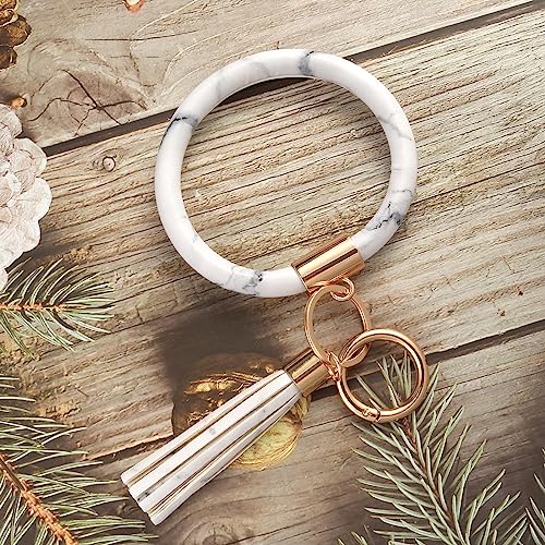 Coolcos Key Ring Bracelets Wristlet Keychain Bangle Keyring - Large Circle Leather Tassel Bracelet Holder For Women Gift(Marble White)