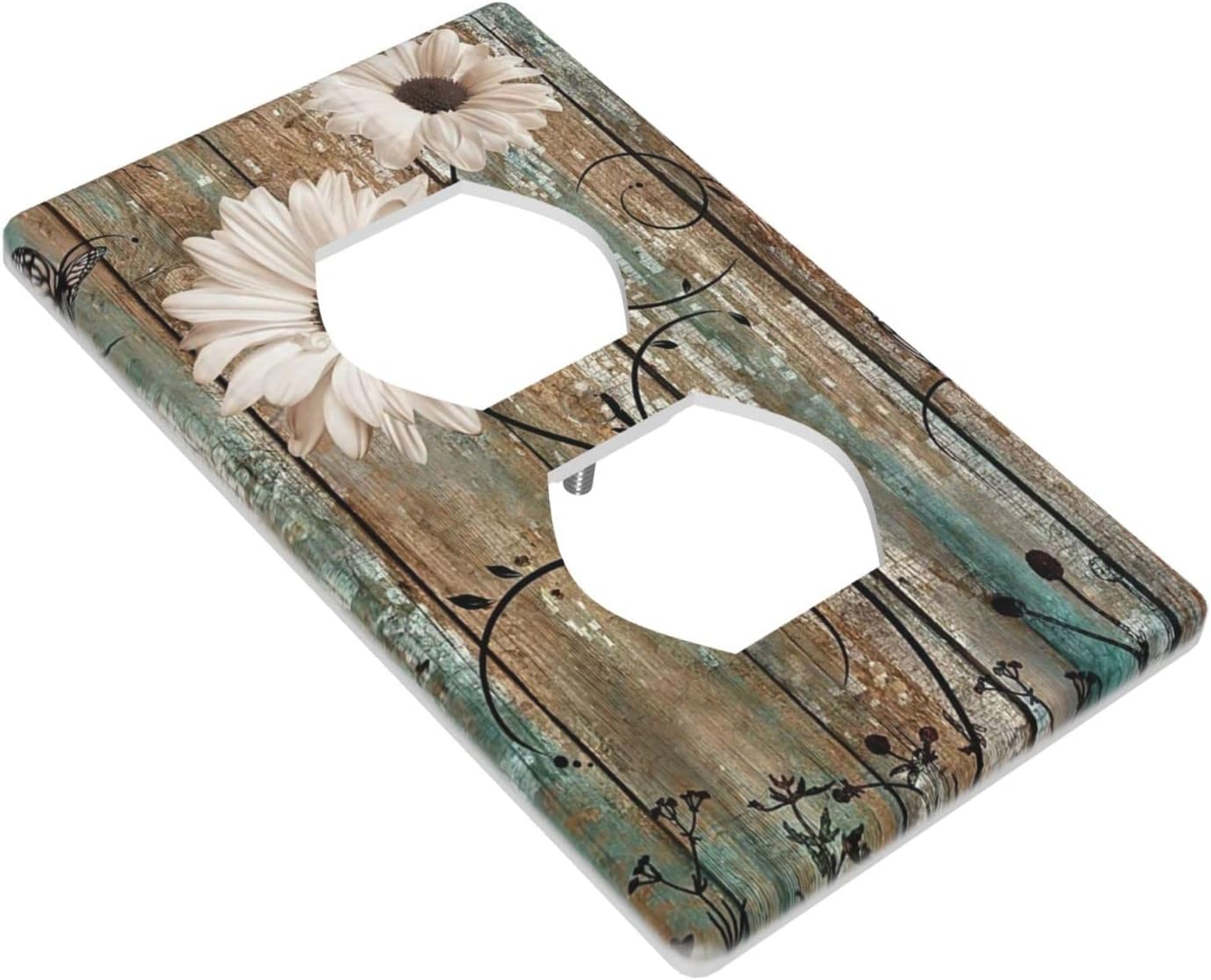 Rustic Daisy Flower Decorative Outlet Cover Wall Plate Single Duplex Receptacle Cover 1 Gang Switch Plate Electrical Accessories, 4.50 x 2.76 Inch