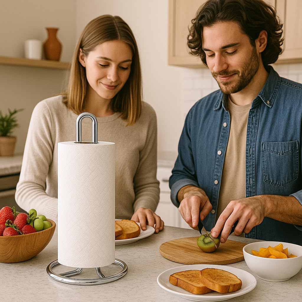 Creative Home Heavy Duty Metal Paper Towel Holder | Standing Roll Dispenser for Kitchen, Dining Countertops, Bathroom, Stable Base, 4.8" Diam × 11.8" H, Chrome Plated