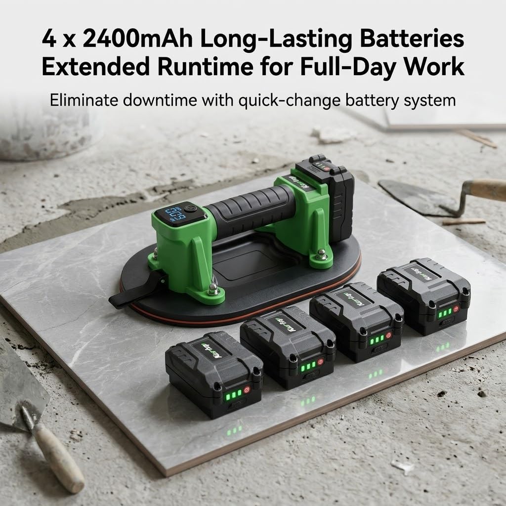 Heavy Duty Suction Cups for Glass Lifting, 600LBS Battery Powered Suction Tool with Digital Display, 4x2400mAh Batteries, Electric Lifter for Granite, Tile, Metal, Large Glass