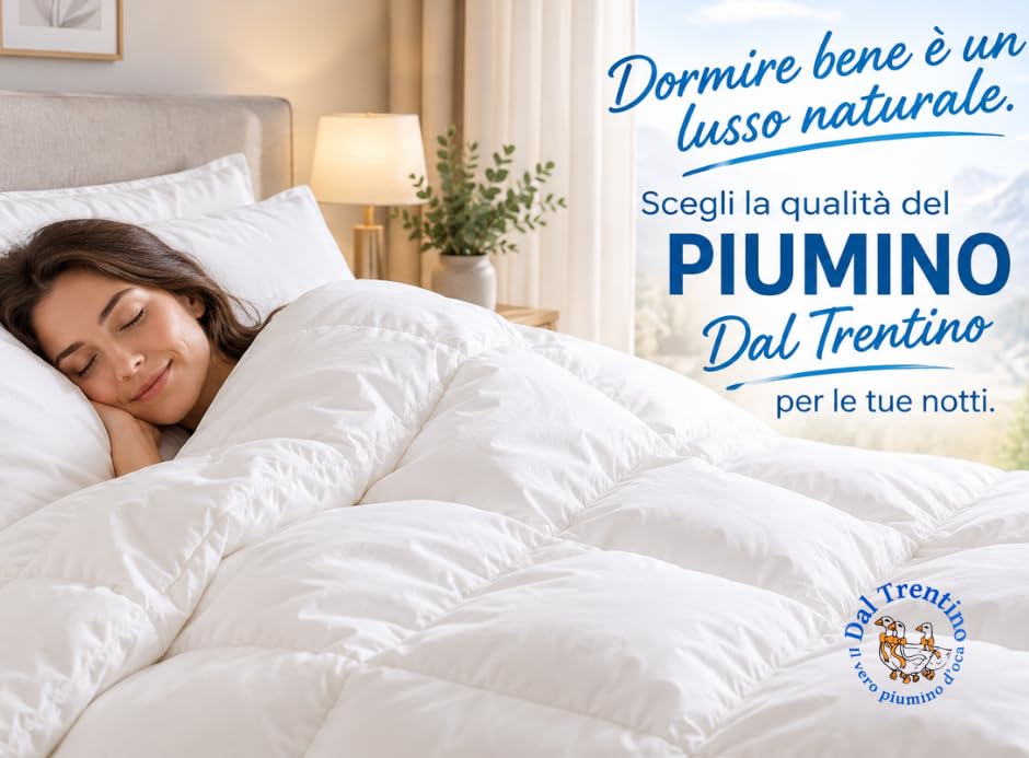 Tata Home Piumino 4 STAGIONI d'Oca Matrimoniale Dal Trentino Piumone Letto Caldo e Soffice Trapunta Annuale Imbottitura D'Oca Naturale Doppio Piumino Misura 250x200 cm Bianco