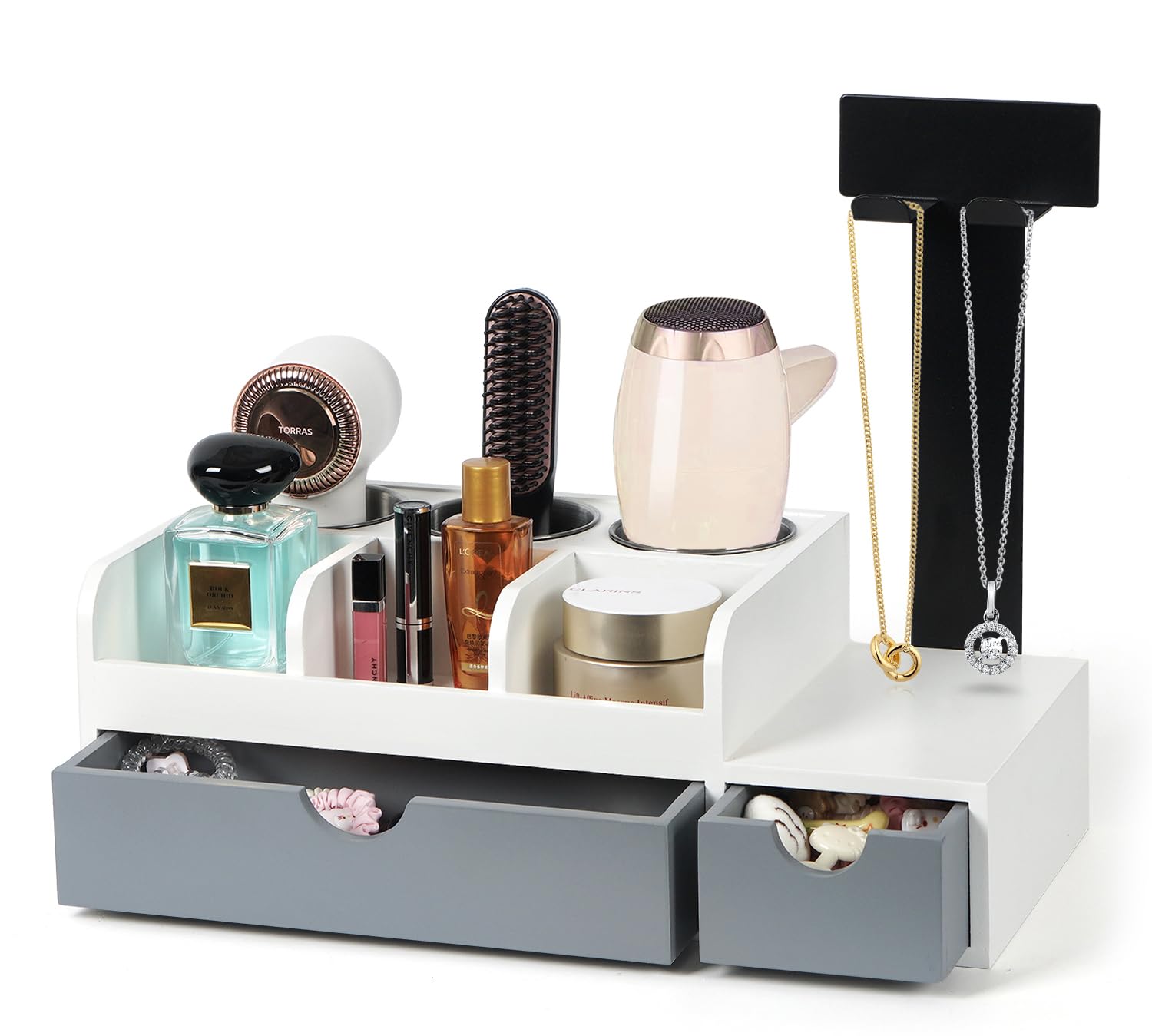 TRSPCWR Hair Tool Organizer Hair Dryer Holder, Wooden Blow Dryer Holder Hair Dryer Organizer with Drawer, Countertop Curling Iron Holder Vanity Organizer for Bathroom Accessories, Makeup, Toiletries