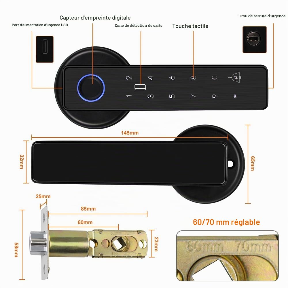 Smart Door 5-en-1 Serrure de Porte Poignée de Porte Électronique Clavier Mot de Passe WiFi TUYA Serrure Intelligente Empreinte Digitale Biométrique RFID IC Carte Tactile Porte d’Entrée
